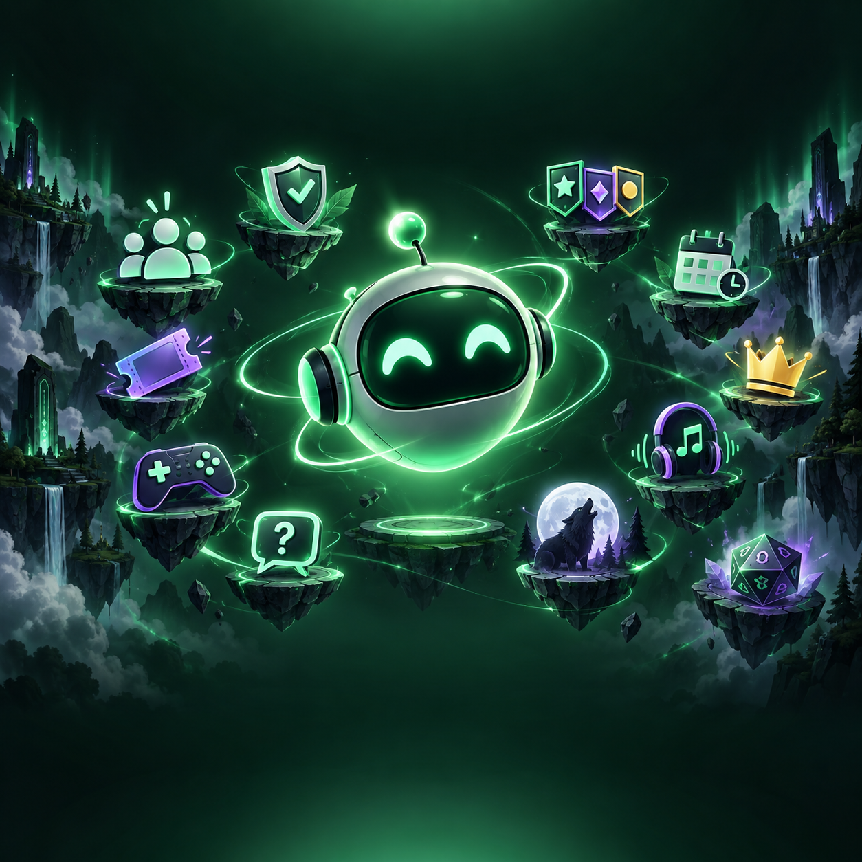 Bobby, assistant communautaire Discord vert entouré de ses jeux, tickets, musique et outils de modération